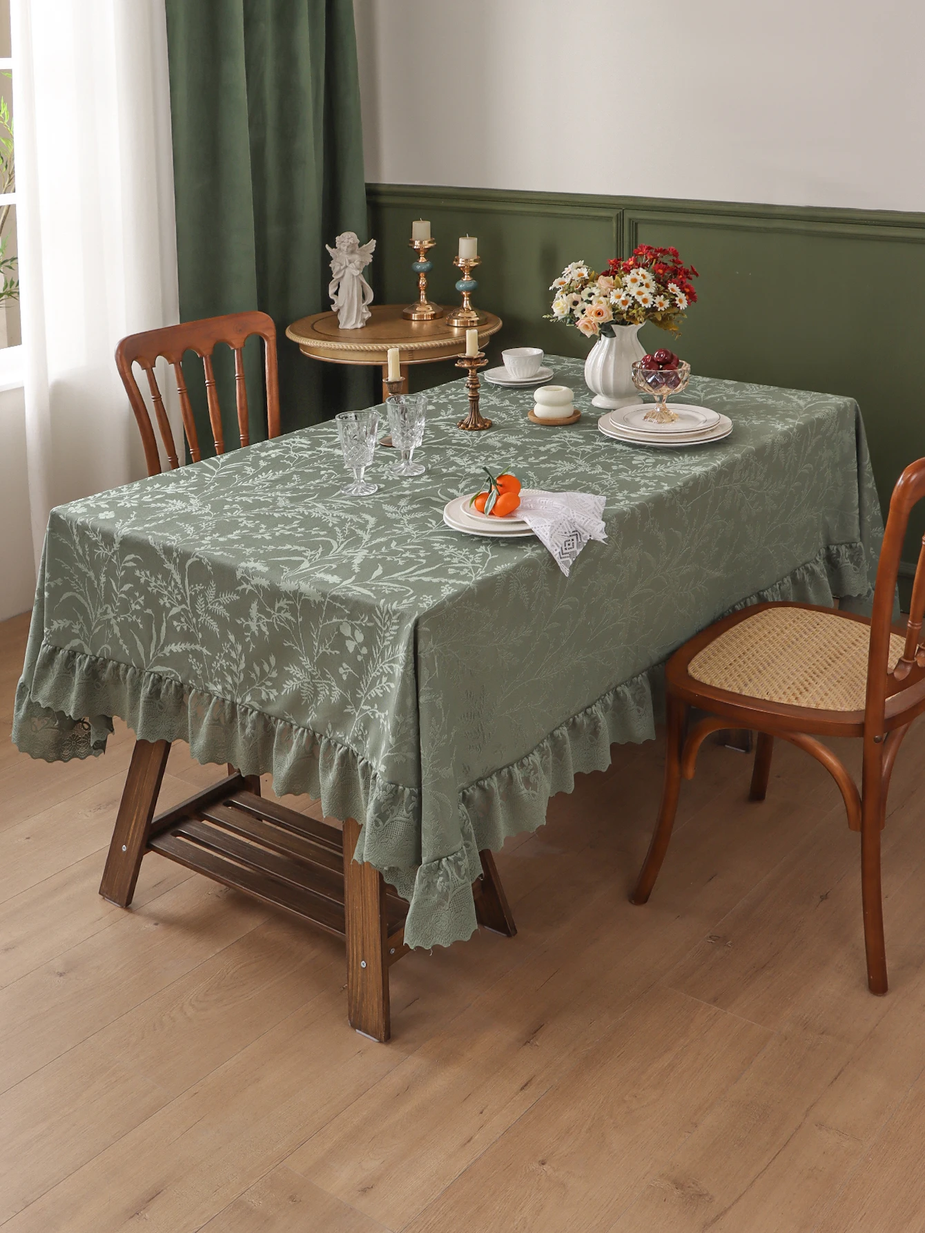 Rustikaler Stil, grüne, verdickte Spitze, Rüschen, Tischdecke, Wohnzimmer, Schlafzimmer, Esstisch, luxuriöse Tischdecken