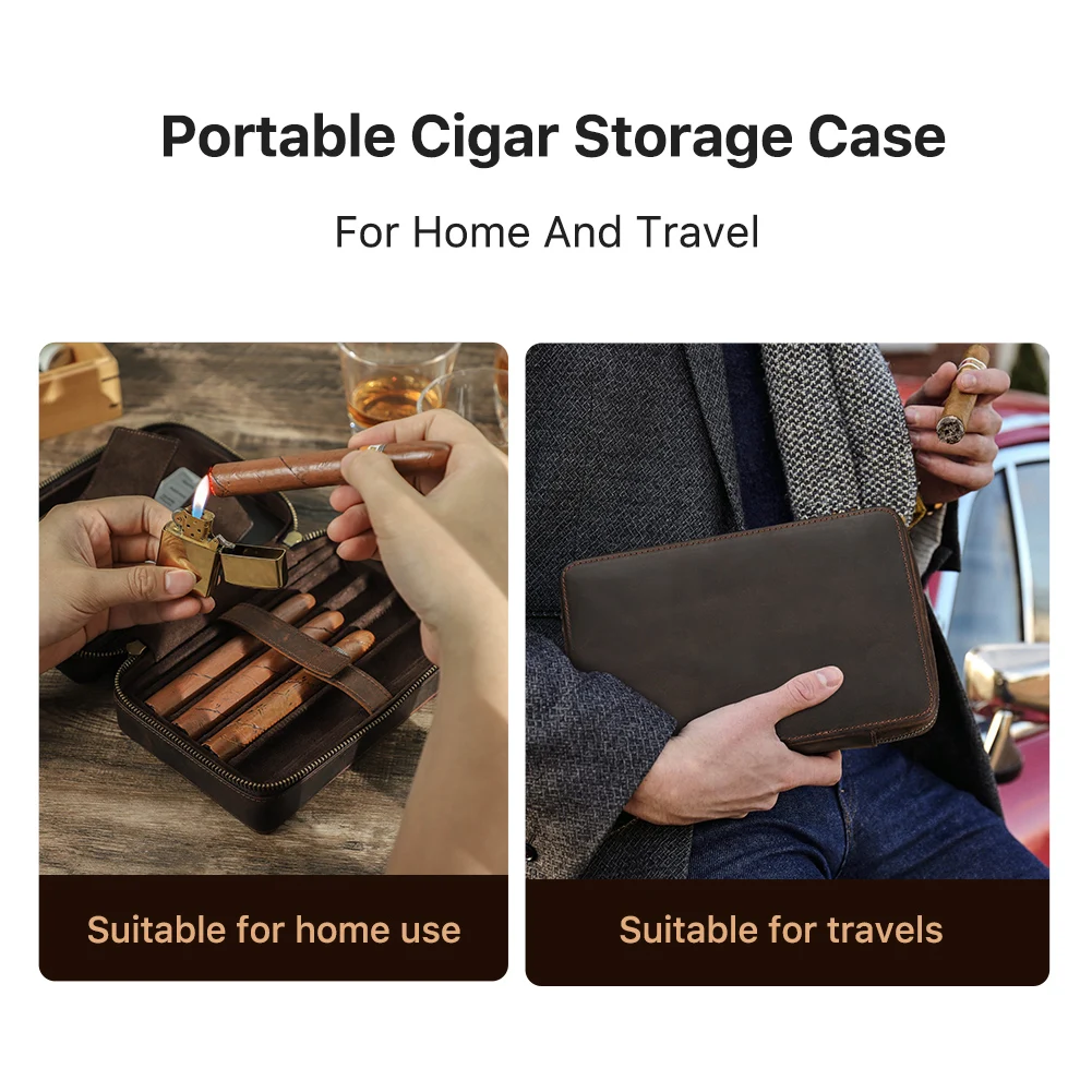 Vintage Genuine Leather Cigar Humidor Box Travel Storage Case for 4 Cigars Accessories Lighter Cigar Cutter Humidifier Bag