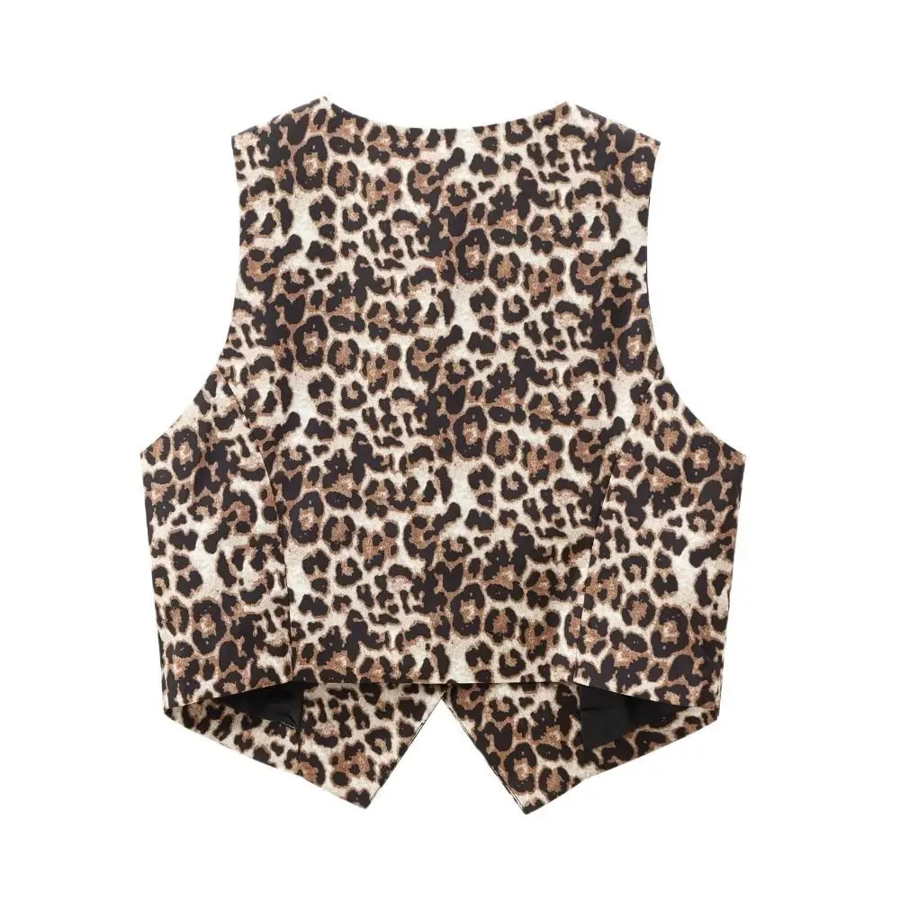 Chaleco de leopardo elegante a la moda, Tops sin mangas con cuello en V y botones frontales, chaqueta corta de verano con dobladillo en forma de V doble de un solo pecho para mujer