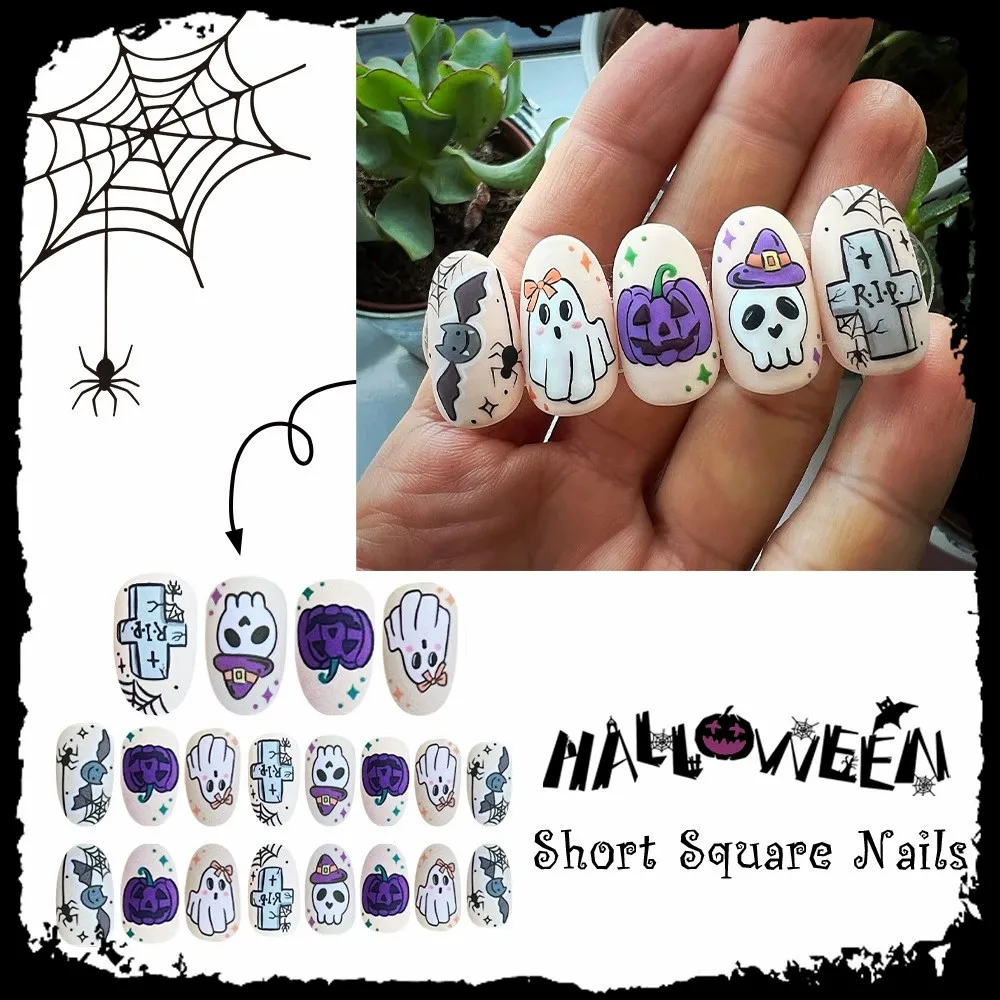 

24pcs White Cartoon Ghost Bat Halloween Fake Nails With Designs Press On Nails Short Square Fashion Matte False Nails Wearable