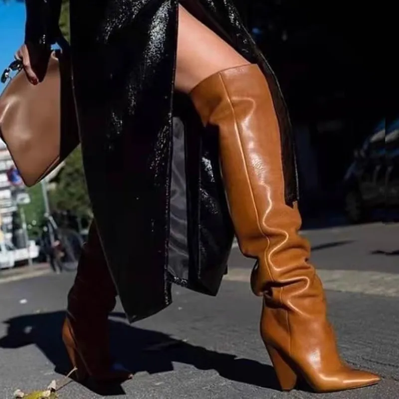 Spike Heels Over The Knee Boots Pointed Toe Loose Wrinkles Booties Runway Classic Women Fashion Cool Casual Shoes Autumn Spring