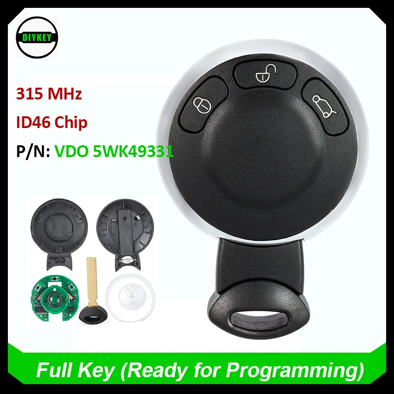 DIYKEY Keyless-Go Remote Key Fob MINI Cooper Cabrio Clubman Countryman 2006-2015 315MHz ID46 Chip VDO 5WK49331P/N: 3456371-01