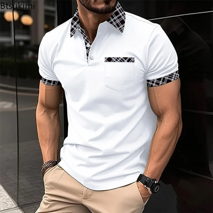 New Men's Casual Lapel Polo Shirt Summer Male Chest Pocket Button Placket Color Block Business Versatile Short Sleeve T-shirt