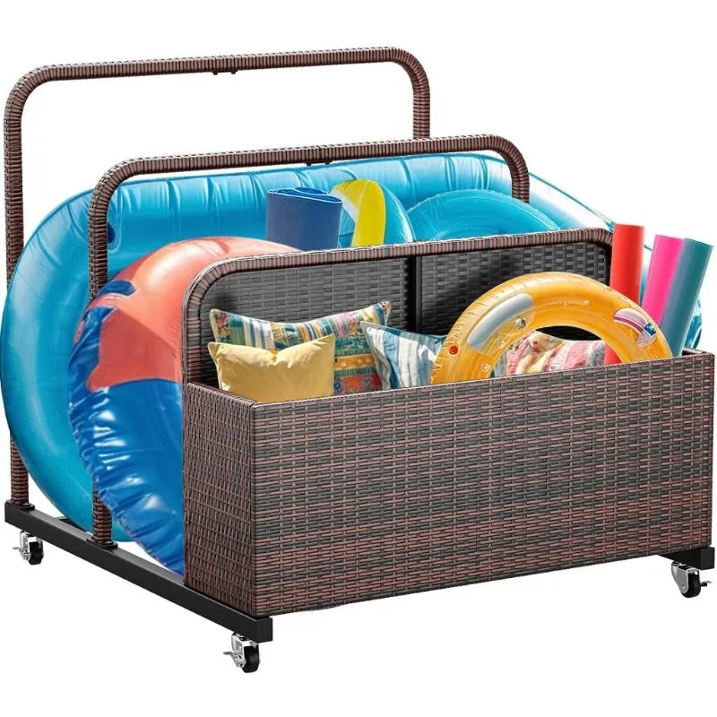 Contenitore galleggiante per piscina da patio in vimini per esterni, contenitore galleggiante per piscina con rotelle in rattan PE per cuscini, galleggianti, tagliatelle, Life V