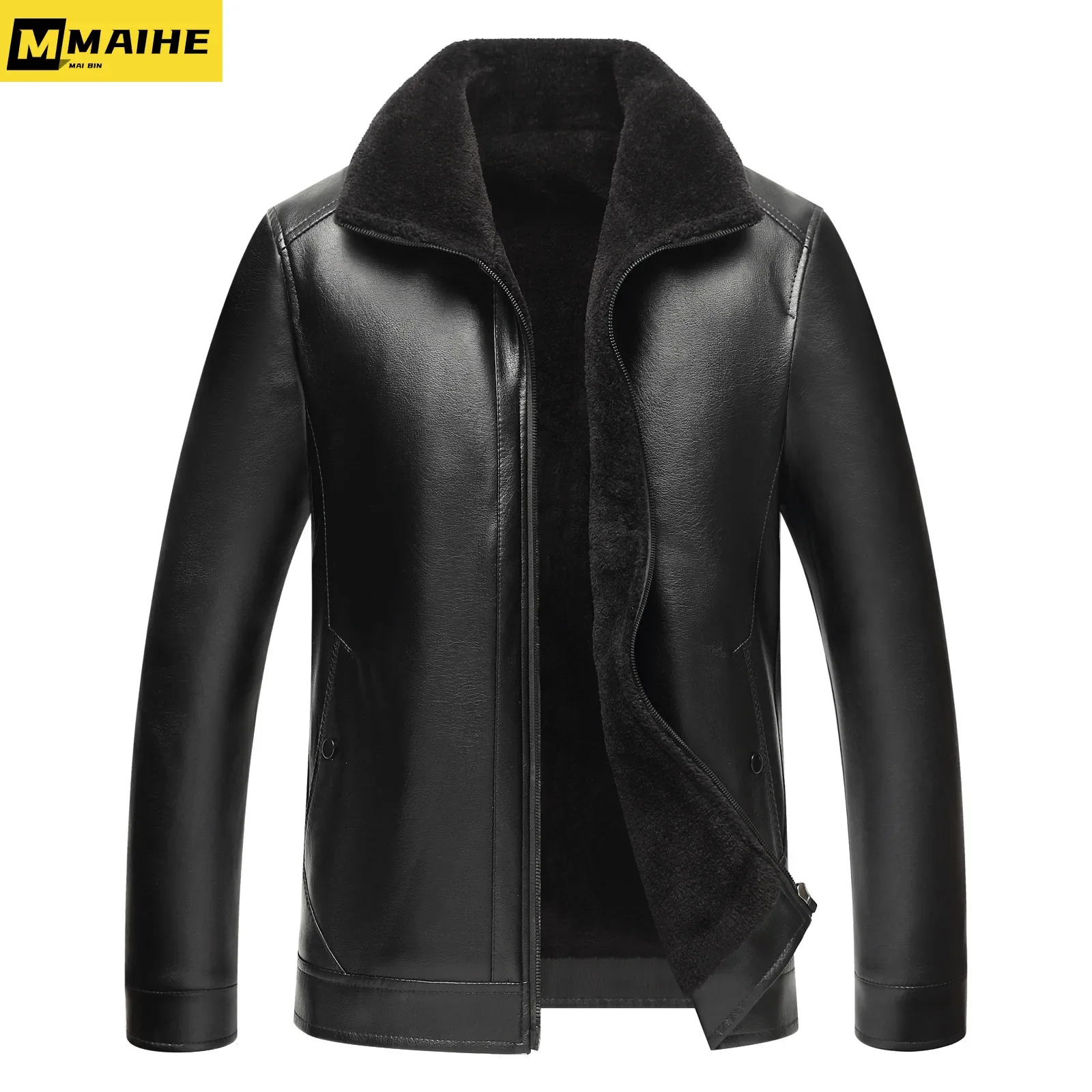 2023 new men's leather jacket winter fur one suit collar coat brand clothing men's large size thick wool warm motorcycle jacket