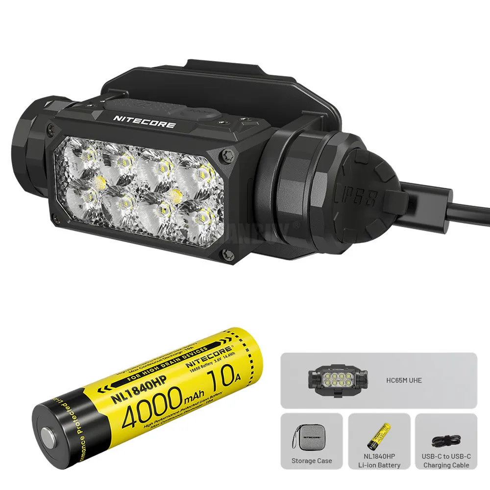 Original NITECORE HC65M UHE 2000 Lumen 8x LEDs Ultra Hight Triple Output Metal Tactical Headlamp with NVG Mount +4000mAh Battery