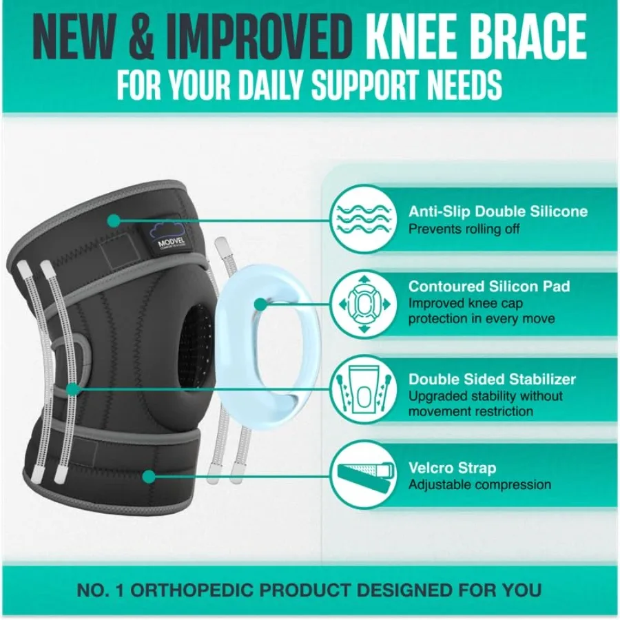 Modvel ELITE Knee Brace With Side Stabilizers and Patella Gel Pads for Maximum Knee Pain Support and Fast Recovery for Men and