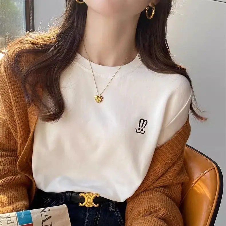 Stylish Embroidered Long Sleeve round Neck German Velvet Rabbit Base Shirt Loose Slimming Trendy Underwear Korean Style Top