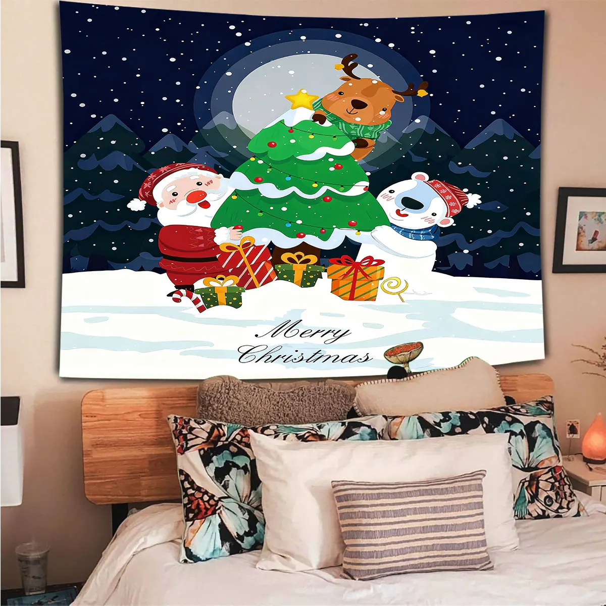 

1 шт., гобелен с принтом Санта-Клауса из мультфильма, разноцветный настенный декор для гостиной, можно стирать в машине, тканевый фон, космический кулон