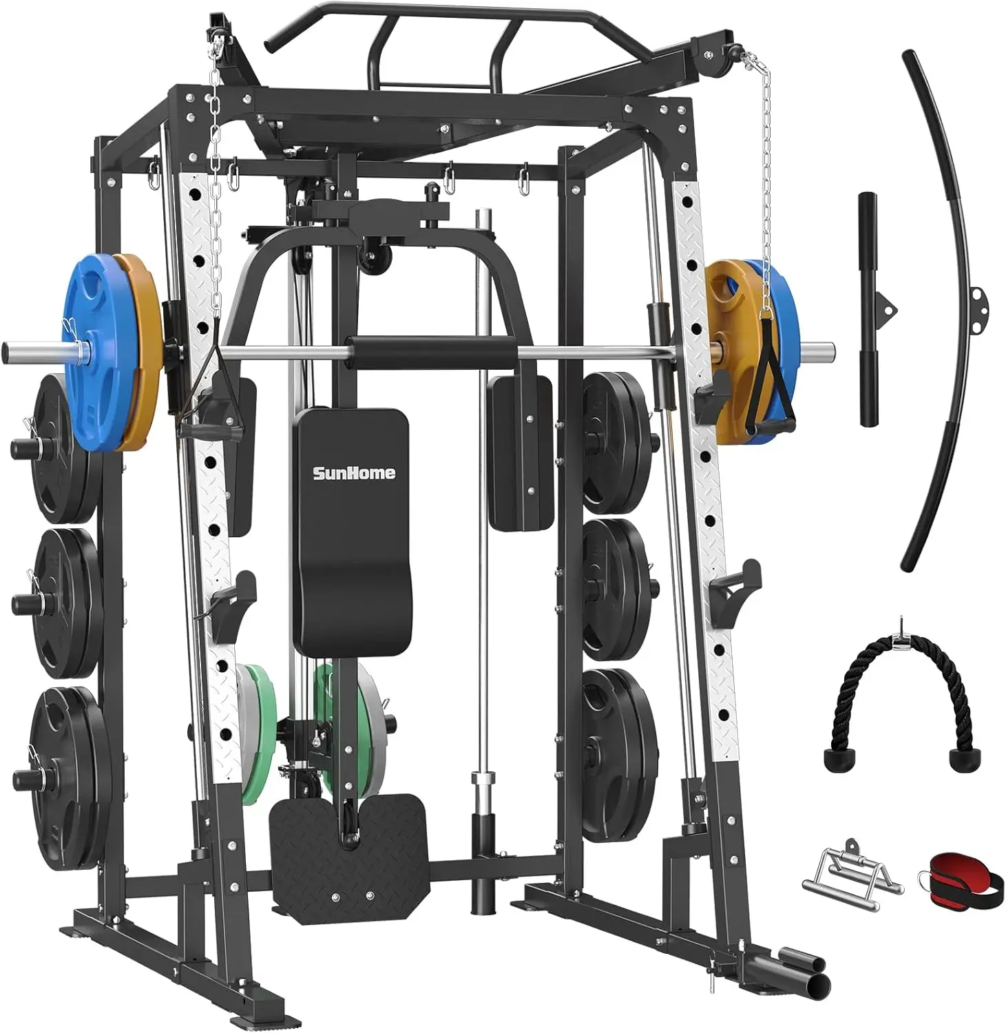 Smith Machine, 2000LBS Power Cage Squat Rack with Smith Bar, Two LAT Pull-Down Systems, Cable Crossover Machine and and