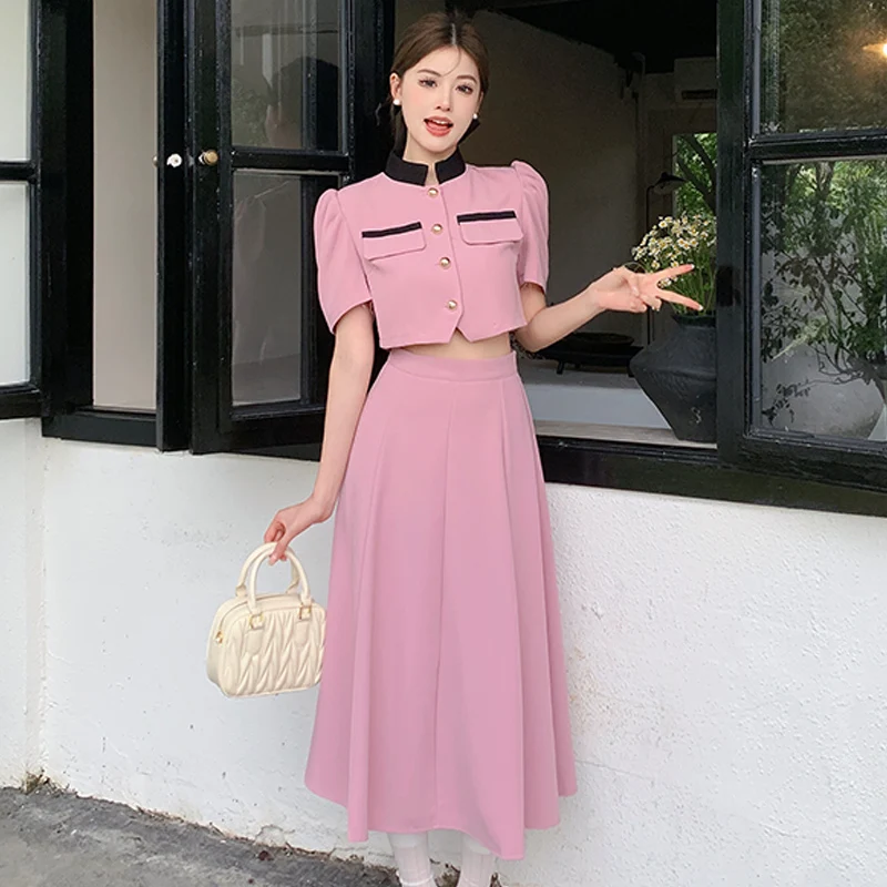 

2024 Summer New French Style Socialite Women's Short-sleeved Suit Long Dress High-end Pink Elegant Short Top Skirt Two-piece Set