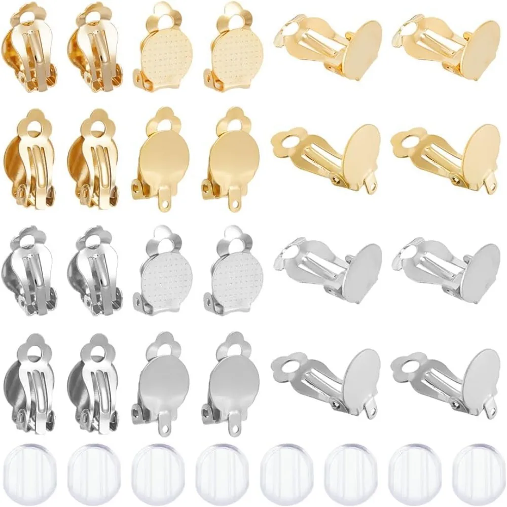 56Pcs 2 Colors 2 Style 304 Stainless Steel Clip-on Earring Findings Flat Round Non-Pierced Earrings Converter with Silicone Clip