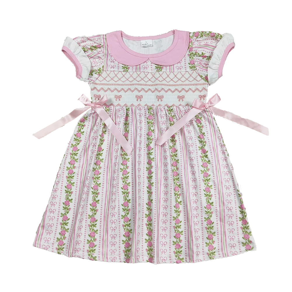 

8.18 Baby Girls Summer Dress Smocked Embroidery Bows Baby Girls Flowers Stripe Knee Length Dresses