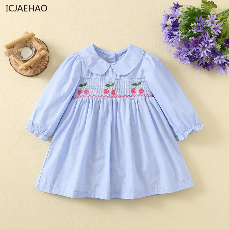 ICJAEHAO 2024 Girl Long Sleeve Clothes Cherry Embroidered Cartoon Children Pattern Doll Collar Blue Paid Dress Spring and Autumn