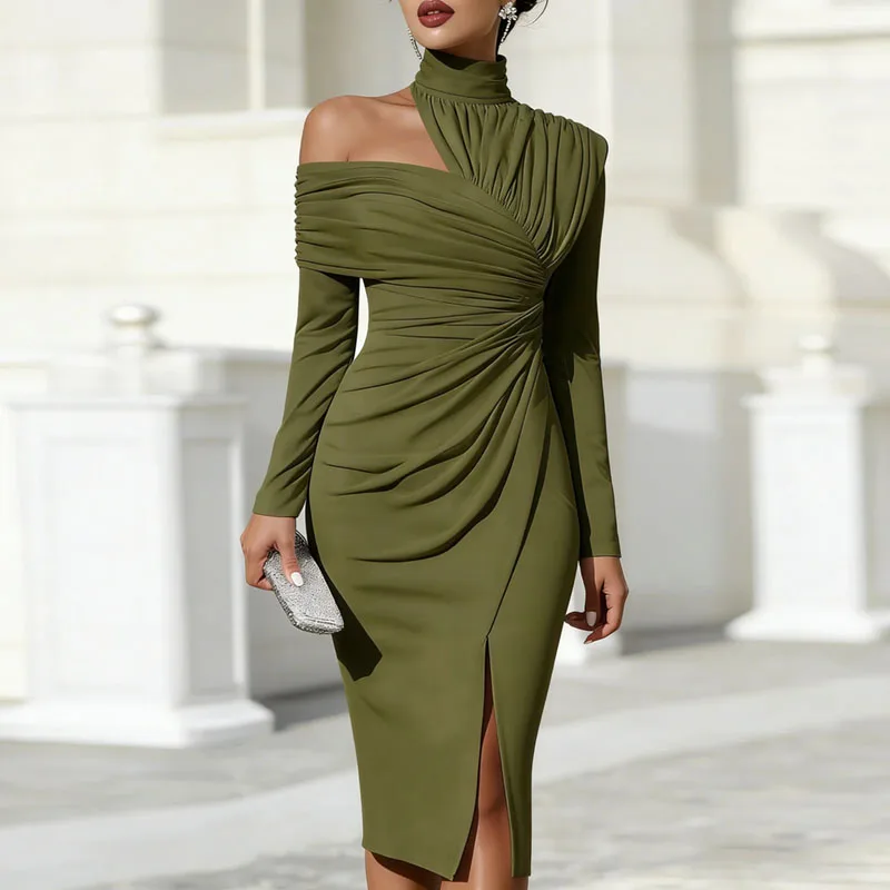 Sexy Rollkragen Off-Shoulder Hollow-Out Partykleider Damen Frühling Gerüschtes Schlitz-Midikleid Elegantes Langarm Bürodamen-Kleid