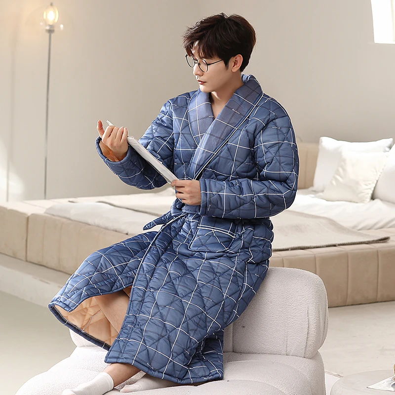 Winter Autumn Plaid 3 Layers Thick Cotton Quilted Men\'s Bath Robes Gentlemen\'s Homewear Big Yards L-4XL Male Sleepwear Lounges