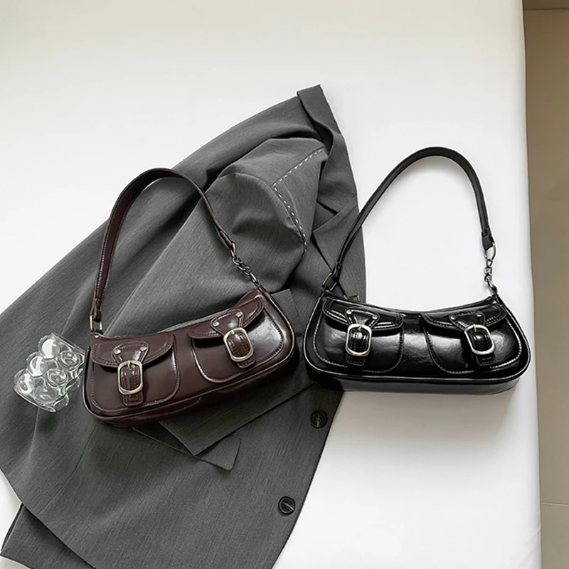 Vintage Schnallen-Dekor Damen Schultertaschen Retro PU-Leder Halbmondtasche Tägliche Pendler-Handtasche für Dates und Partys – Detail 20