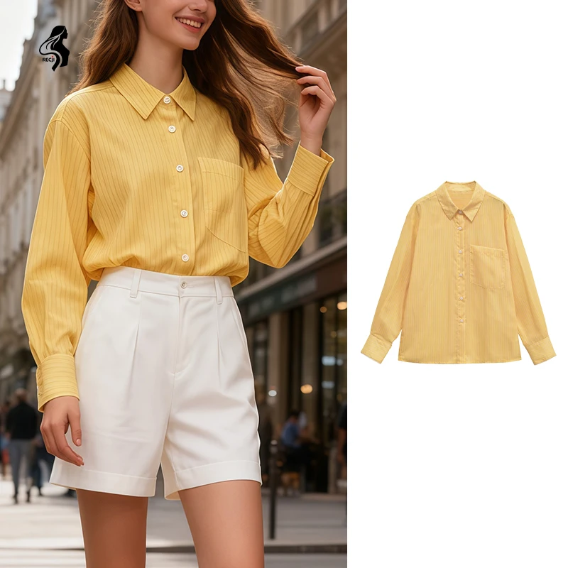 

Женская модная рубашка, однобортная рубашка с отложным воротником, полосатая рубашка с длинными рукавами для весенней и осенней повседневной одежды для поездок на работу