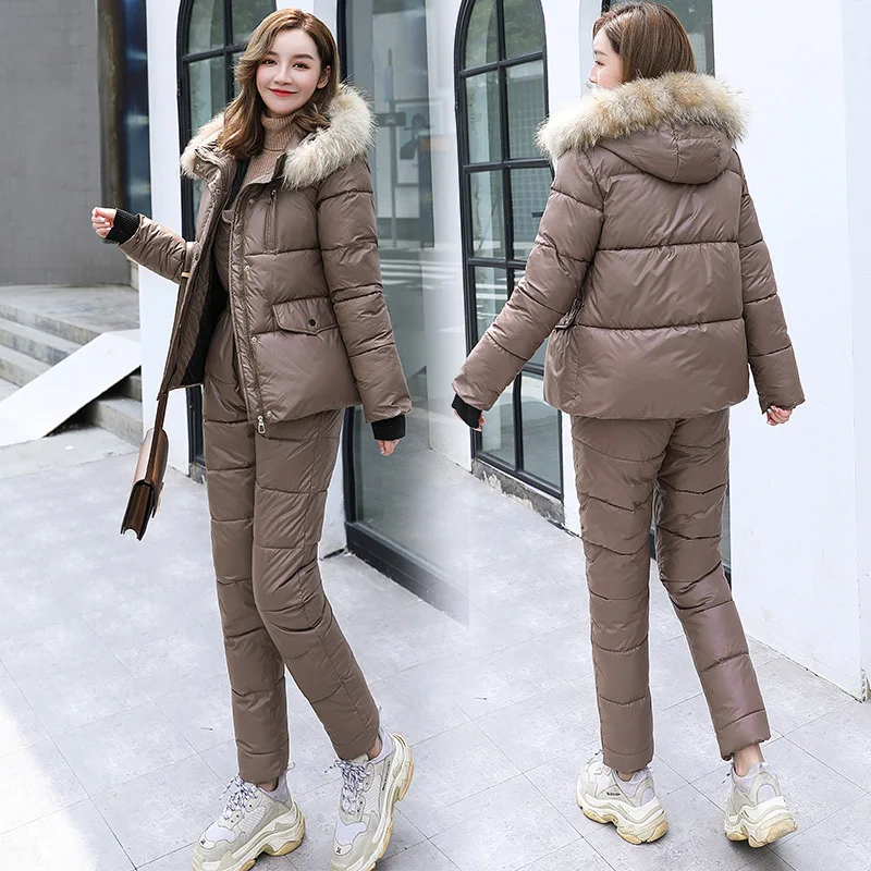 Padded Hooded Fur Collar Long Sleeve Coat And Pants Set For Women Two Piece Warm Winter Ski Suit Outdoor