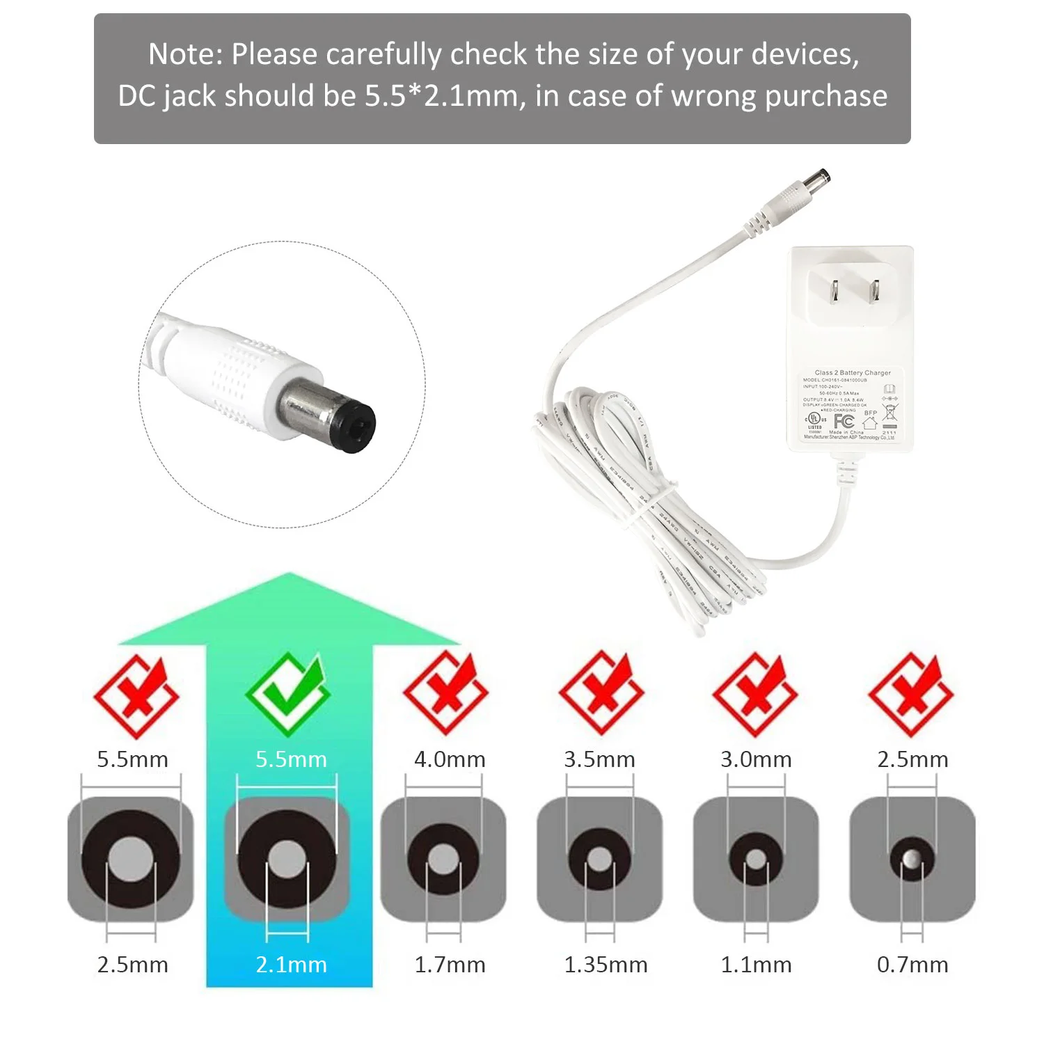 7.4V-8.4V Charger-DC Power Adapter Plug Charger Switching Power Supply Adapter with LED Indicator Plug 5.5x2.1mm Male Connector