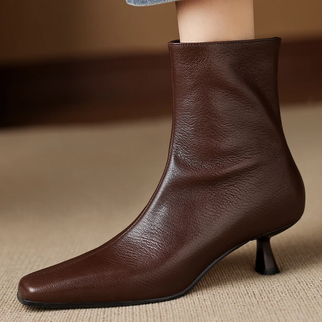 

danxuefei women's sheepskin square toe side zip autumn ankle boots elegant ladies 4.5cm thin high heel daily slim dress shoes