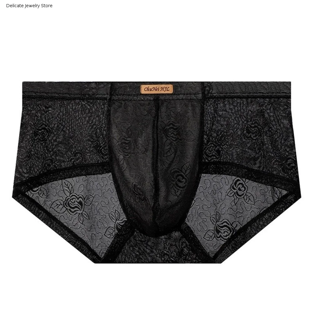 Breathable Ice Silk Men Underwear Transparent Mid Waist Men's Lace Briefs Ultra-thin Mesh Triangle Panties Sporty Activity