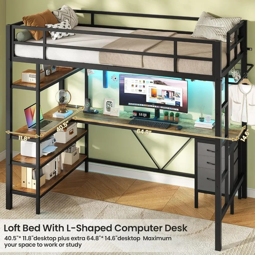 

Bunk Beds Loft Bed Twin Size, L-Shaped Desk Charging Station and LED Lights, 4-Tier Bookshelf and 3 Drawers, Muebles Beds