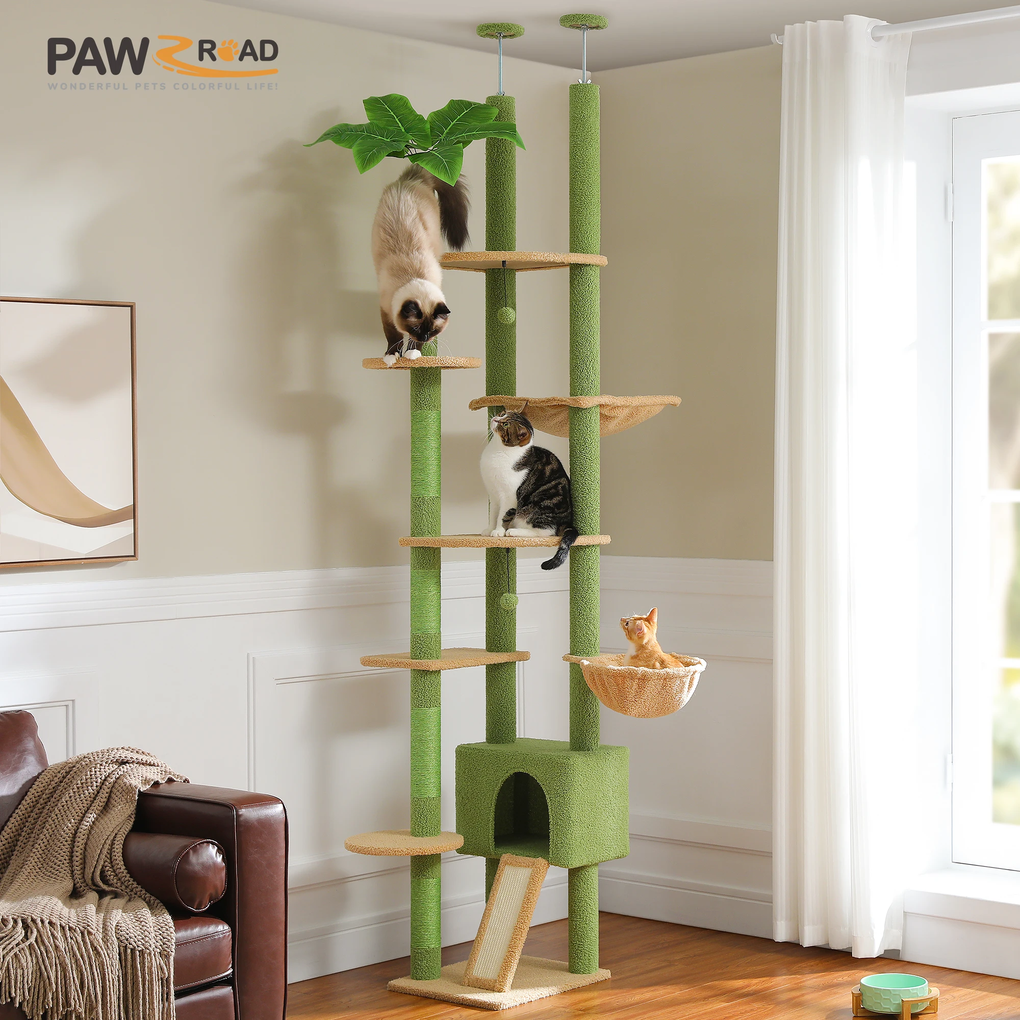 

Cactus Cat Tree Floor to Ceiling Cat Tower Adjustable Height with Cat Condo Cozy Hammock and Scratching Post Tall Activity Tree