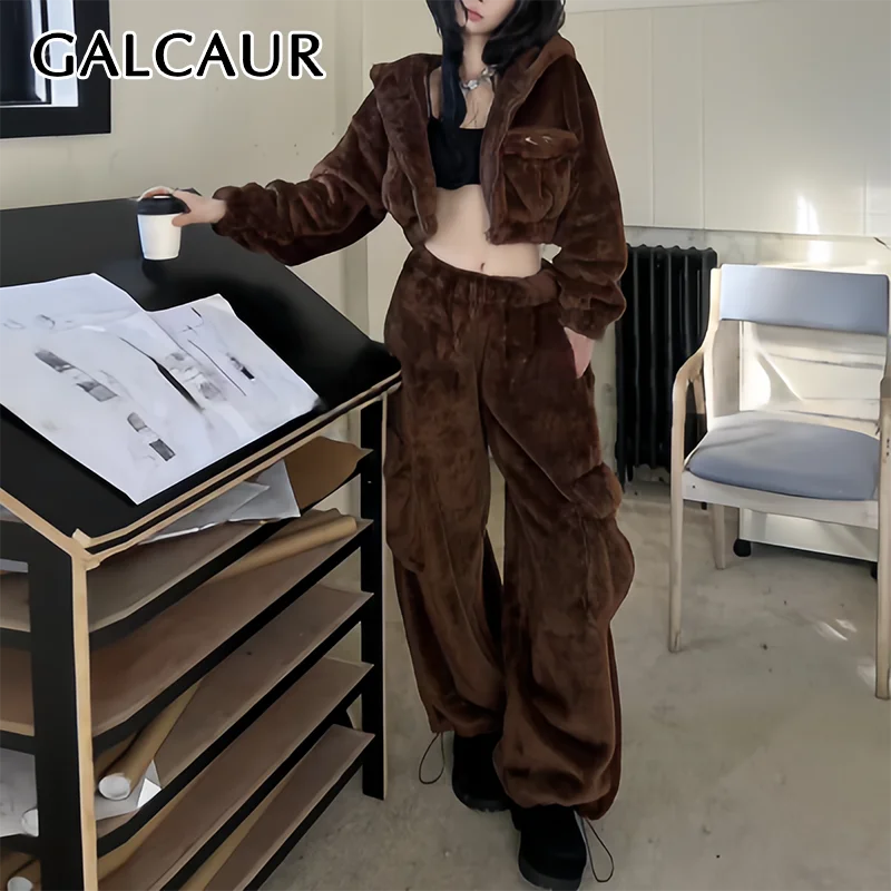 GALCAUR Winter 2 Piece Set Women Hooded Long Sleeve Spliced Pocket Plush Teddy Short Jacket Wide Leg Trousers Solid Suit Female