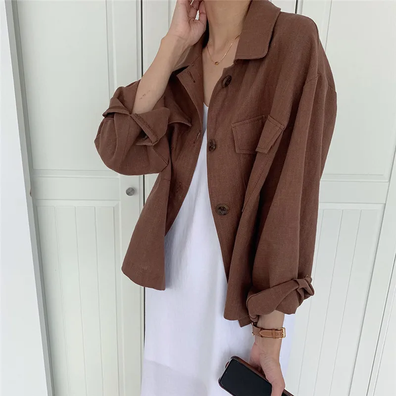 Safari Style Loose Cotton Linen Coat Jacket Women Spring Autumn Casual Single Breasted Outerwears Female Short Tops 2025