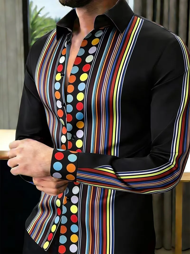 New gold-plated geometric pattern diamond print long sleeved shirt with smooth drape and satin lapel for men