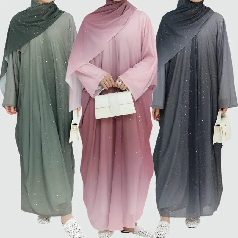 Islamic Shiny Gradient Color Cardigan for Women Muslim Hijab Abaya Dubai Party Dresses Turkey Kaftan Moroccan Robe Fashion