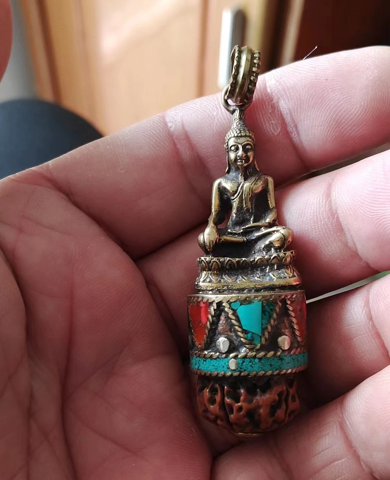 

Old Tibetan Pure Brass Vajra Bodhi Buddhism Green Tara Goddess Amulet Pendant