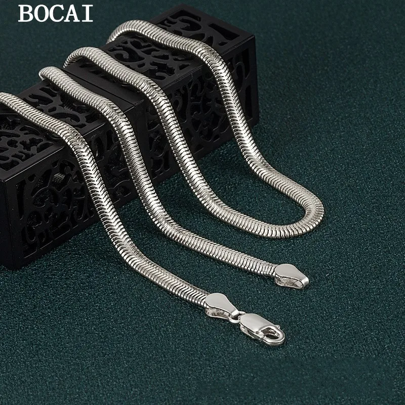 BOCAI New 100% S925 Silver Jewelry Accessories 4MM Snake Bone Necklace for Man  Personality Student Clavicle Chain Wholesale