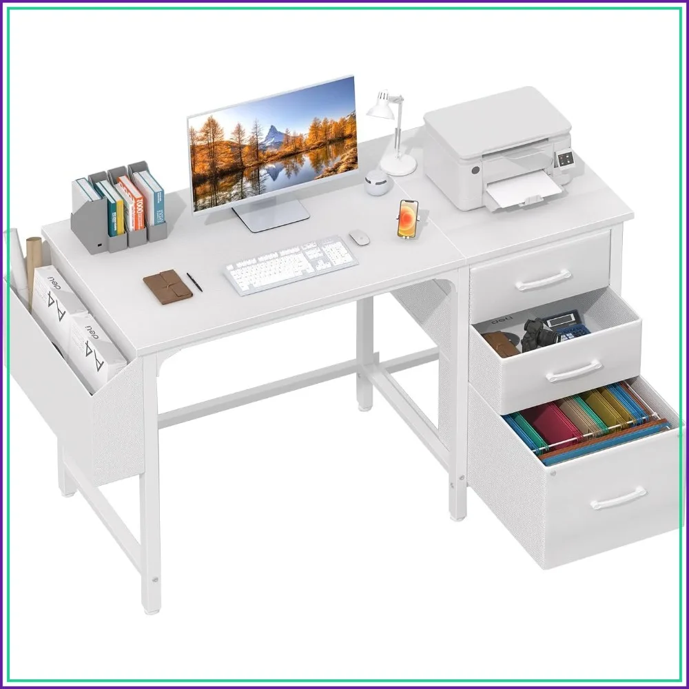 

47 Inch Reversible Computer Desk with Fabric Filing Cabinet for Small Space Home Office, Modern Writing Table, White