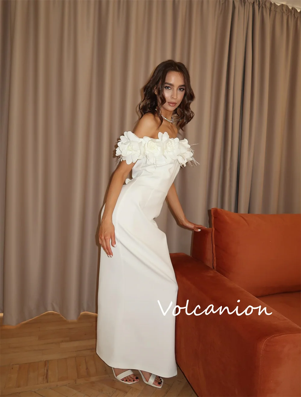 تخصيص أنيقة جيرسي زهرة مستقيم خارج على الكتف فساتين متوسطة الطول مناسبة مخصصة الطراز الحديث الكلاسيكي