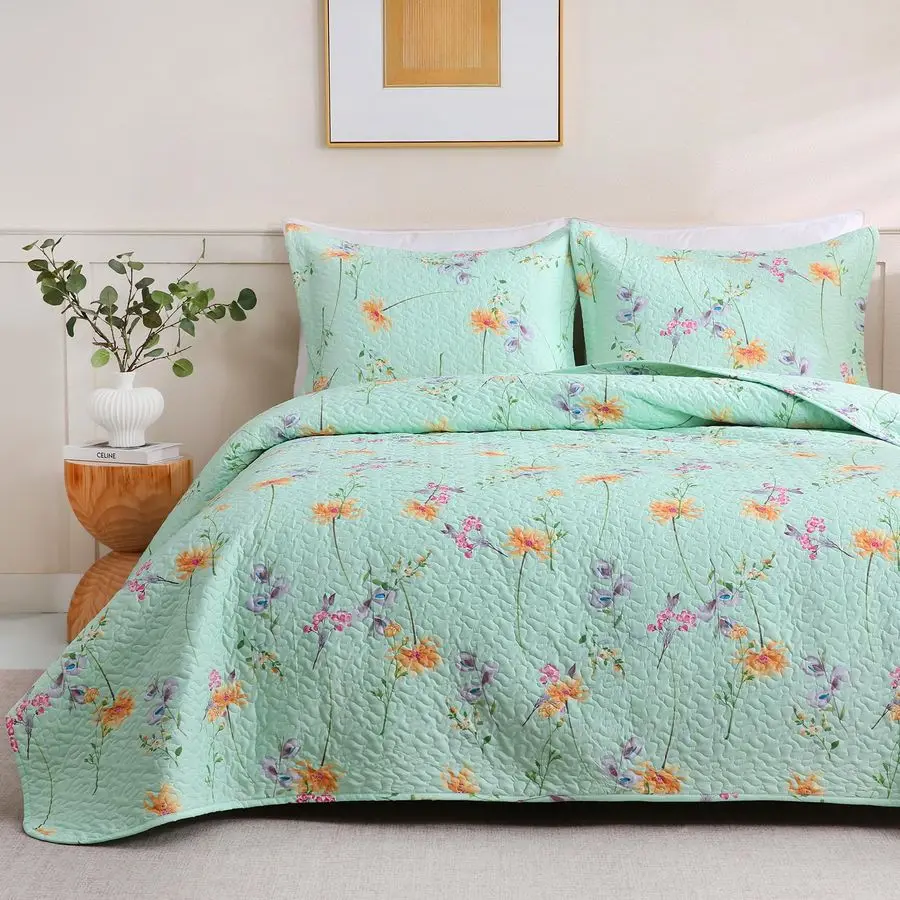

Green Floral Quilt Set Full Queen Size, 3 Piece Printed Bedspreads Coverlet with Pillow Sham, Soft Microfiber Quilted Blanket