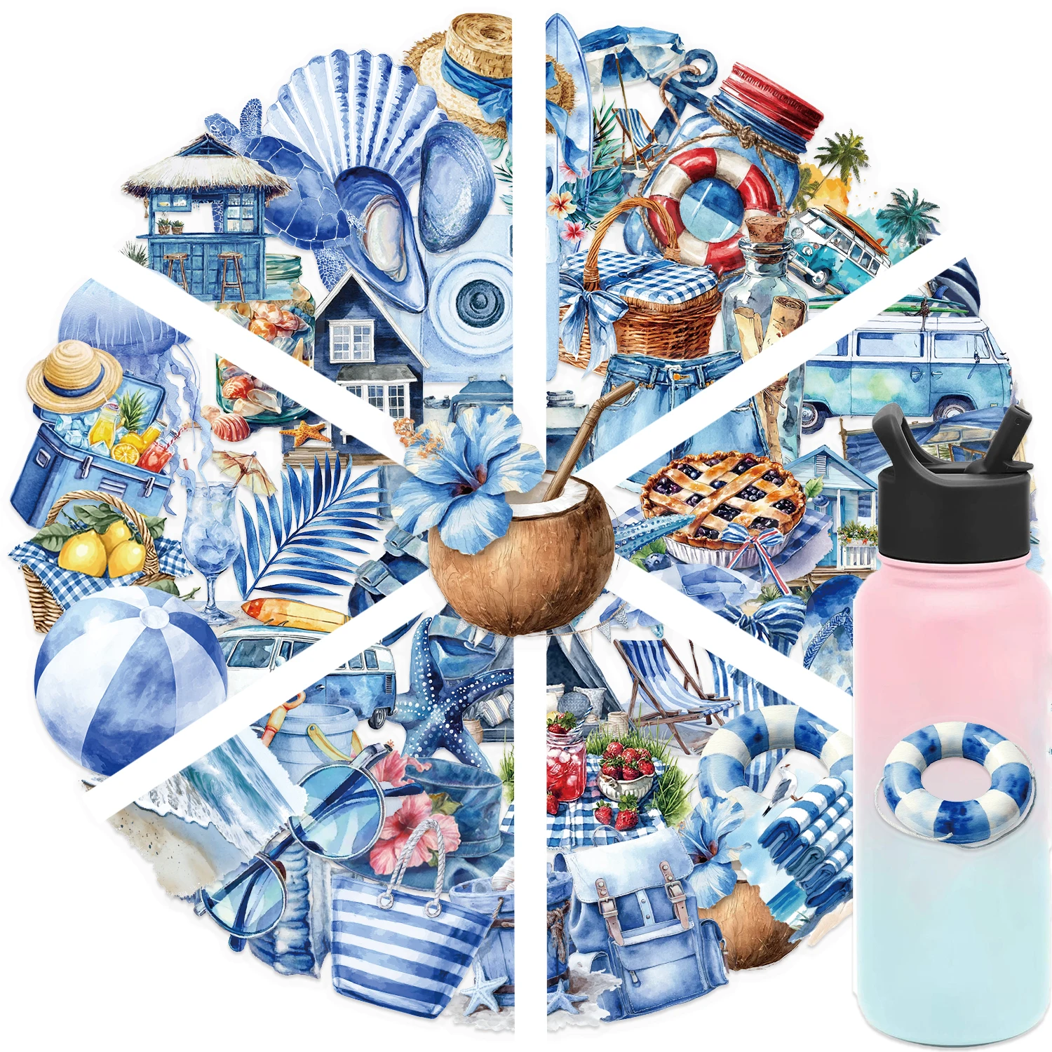 50 قطعة من ملصقات الحيوانات الأليفة الصيفية ذات الرؤية المزدوجة باللون الأزرق للشاطئ مناسبة لجراب الهاتف المزخرف وكوب الماء وشارات إبداعية مقاومة للماء