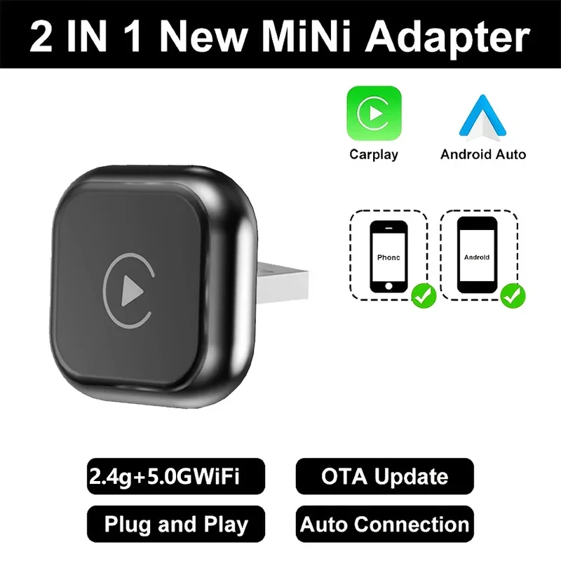

VYVYLABS 2026 Обновленный беспроводной адаптер CarPlay 2-в-1 Mini USB с функцией Plug and Play и автоматическим подключением для iPhone 6 и выше, а также Android Auto