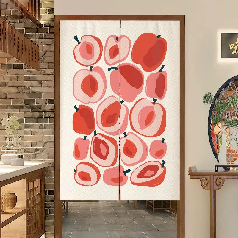 VIKAMA Cartoon Apple Slice Pattern Door Curtain White Background Red Pink Fruit Minimalist Cute Kawaii Linen Noren Bedroom Soft