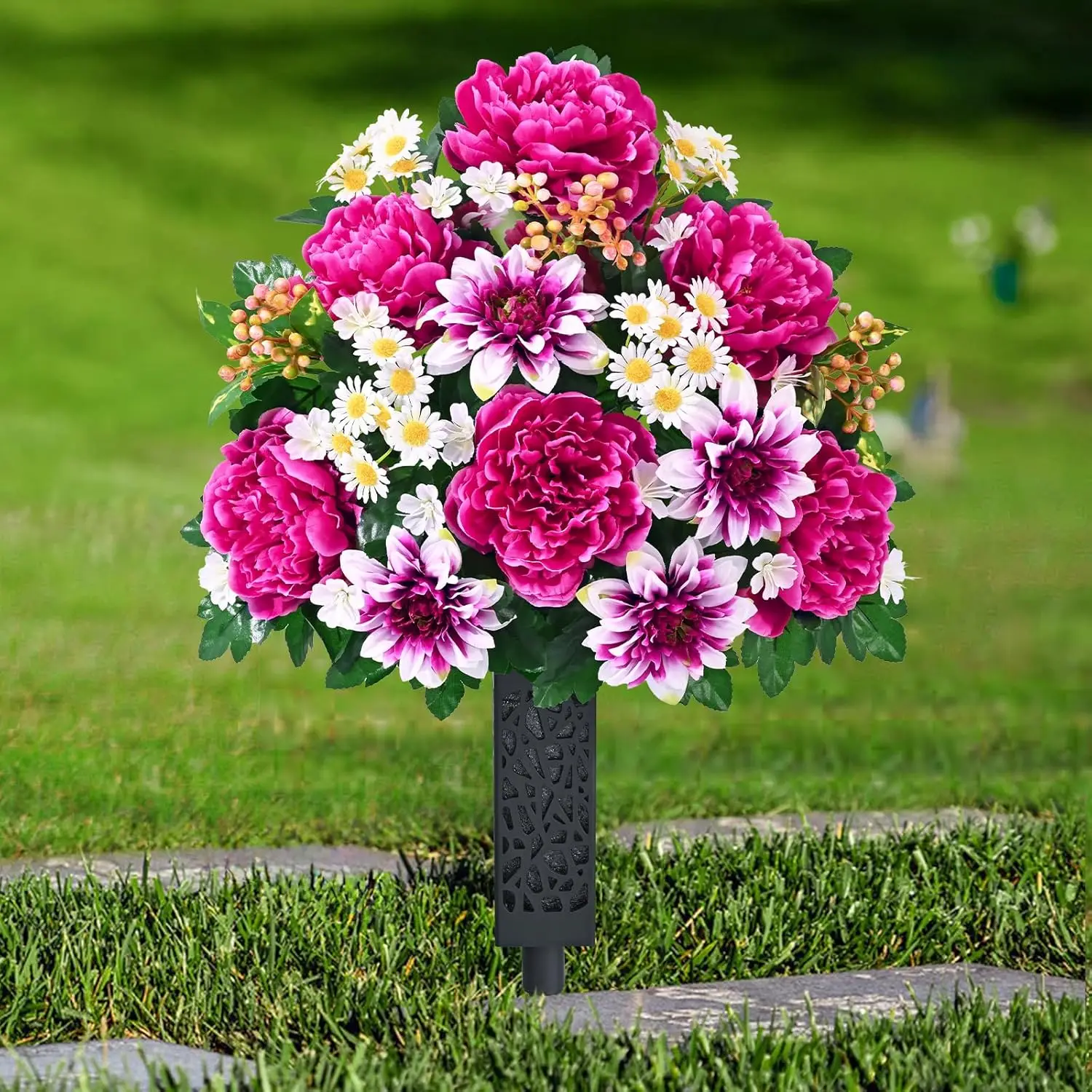 

Artificial Cemetery Flowers for Grave, Set of 2 Memorial Grave Flowers for Cemetery with Vase Realistic Silk Gravesites