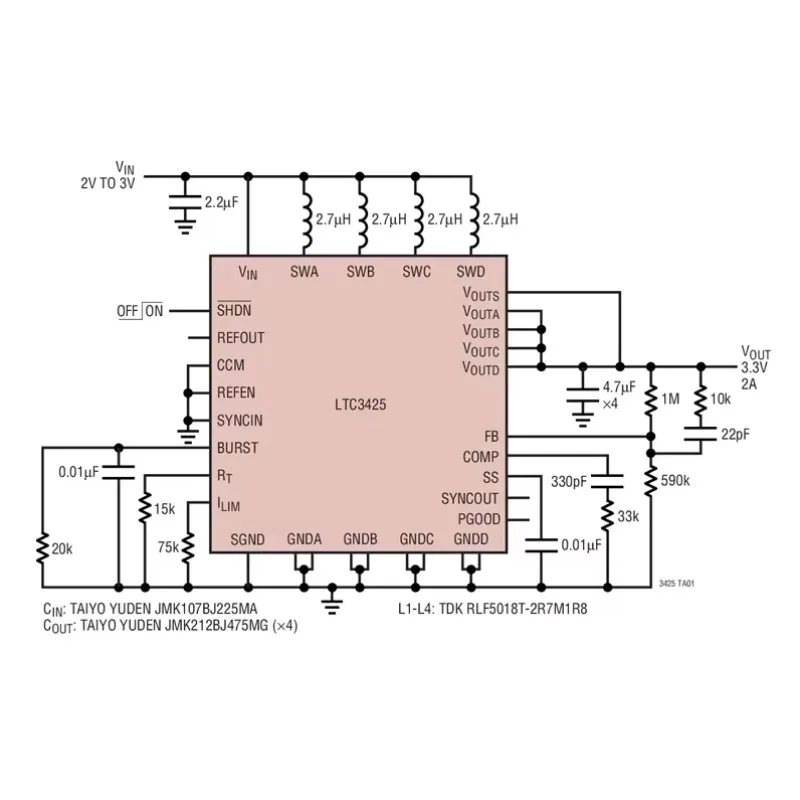 LTC3425EUH LTC3425 - 5A, 8MHz, 4-Phase Synchronous Step-Up DC/DC Converter