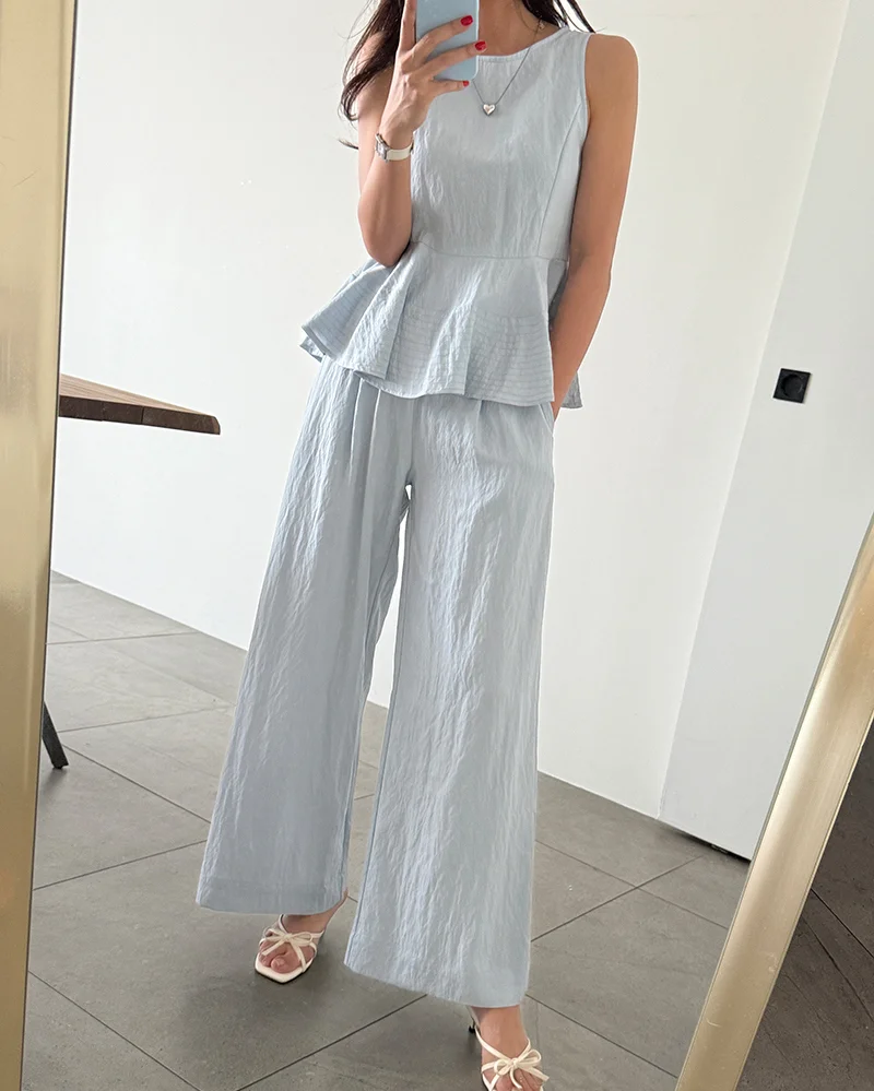 

Gothiscyn Office Lady Casual Set Women's Summer Ruffled Sleeveless Shirt High Waist Wide Leg Pants Two-piece Set Female Clothes