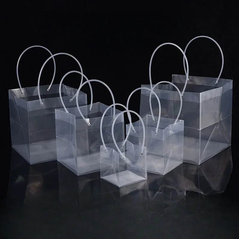 10pcs Square PP Transparent Handbag Plastic Frosted Cake with Hand Gift Portable Bag Durable Holiday Bouquet Gift Packaging Bags