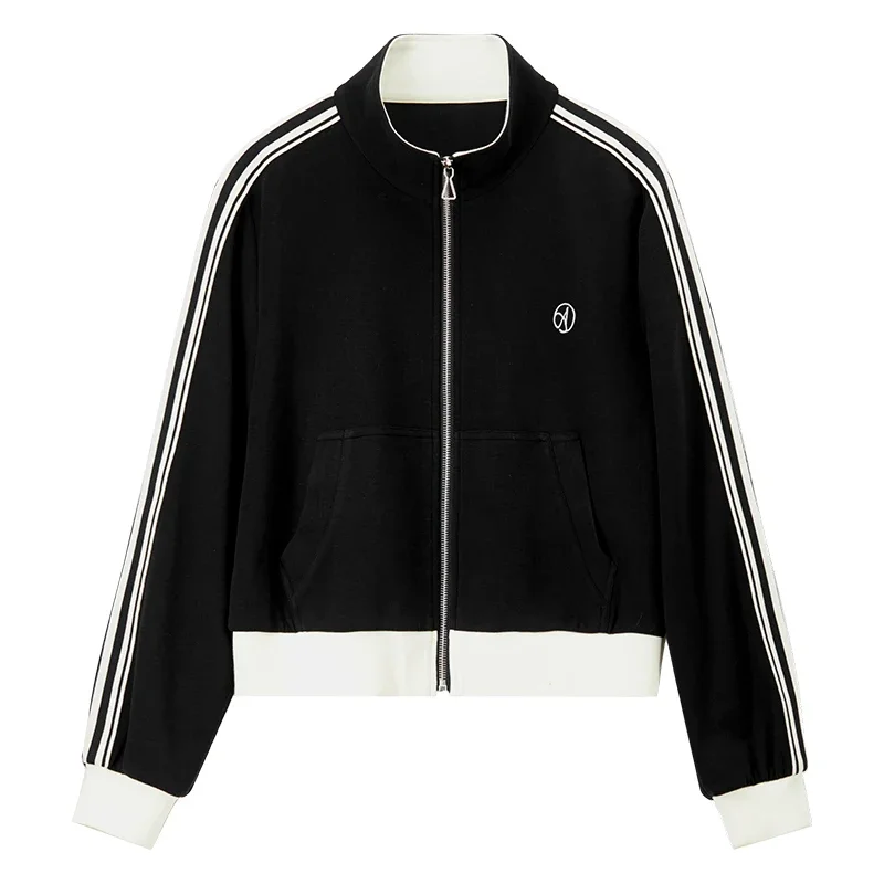 SENTUBILA Casual zwarte jassen voor dames Katoen 202 Winter Los patchwork Gesplitst Kraagvorm Rits Sportjas 143W56386