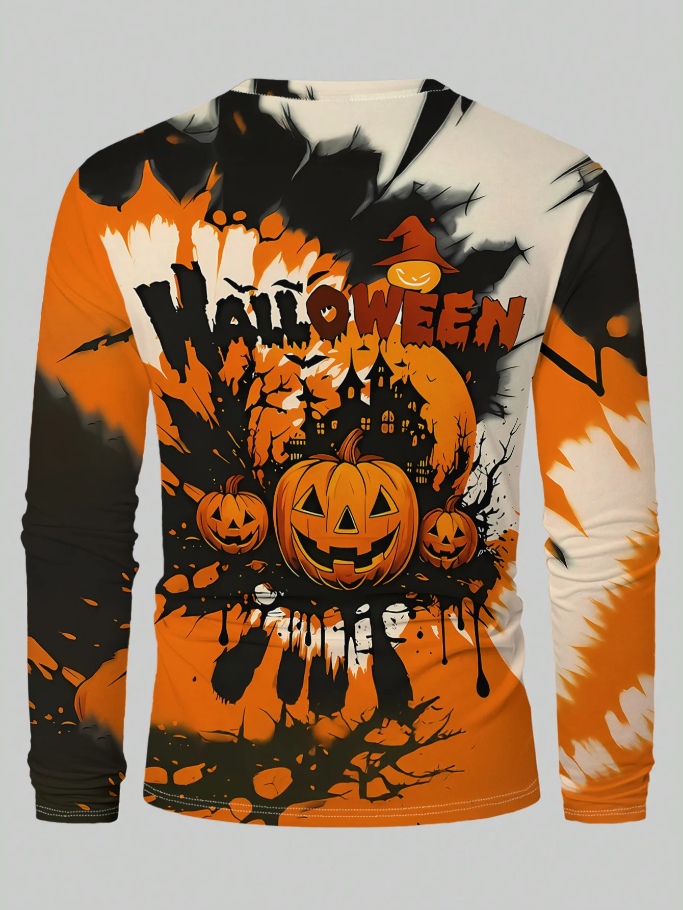 Men's Long Sleeve T‑Shirt Tie‑Dye Pumpkin Haunted House Bat Print Crew Neck Festive Halloween Casual Streetwear Top