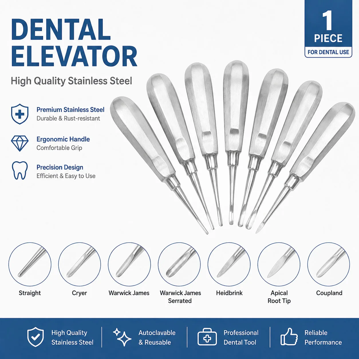 WELLCK Dental Elevator Stainless Steel Dentist Tool Surgical Instrument Tooth Extraction Tool Straight Curved Teeth Elevator Lab