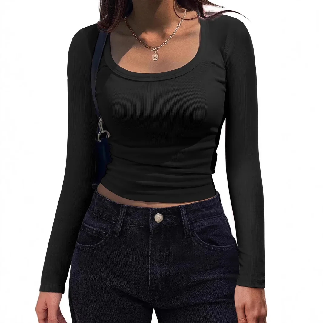 جديد 2025 المرأة طويلة الأكمام سليم صالح طاقم الرقبة تي شيرت الجولة الرقبة كبيرة U الرقبة قاعدة قميص الربيع موضة السعر المنخفض