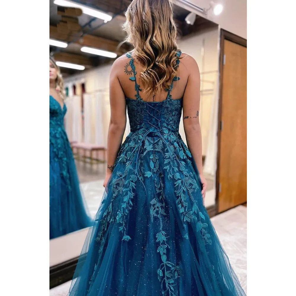 Customized Floral Lace Glitter Tulle Vestidos De Boda Para Fiestas Long Bridesmaid Dresses V Neck Formal Evening Dress Maxi Prom