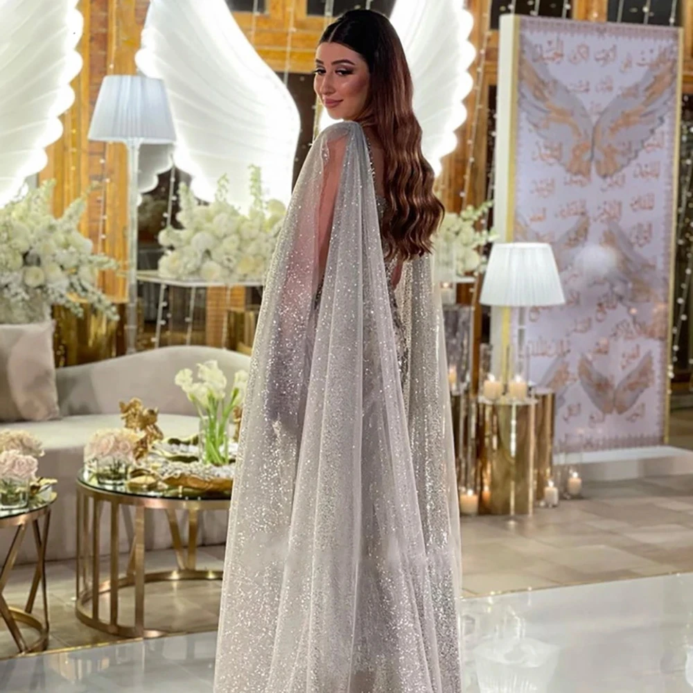 Real Photos Bling Gray Mermaid Arabic Evening Dress With Cape Luxury Feather Dubai Formal Dresses For Women Wedding Party